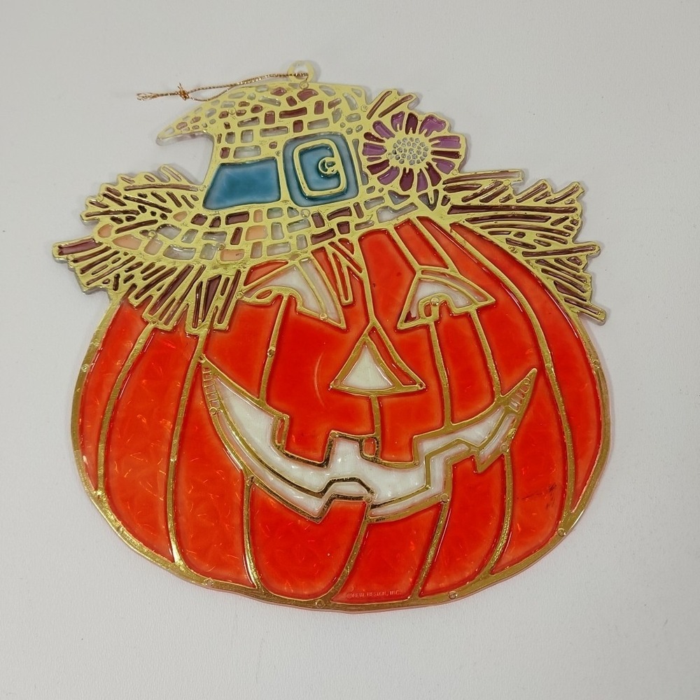 Vtg Jack-o'-lantern Pumpkin Scarecrow Suncatcher Plastic Stained Glass Look Fall